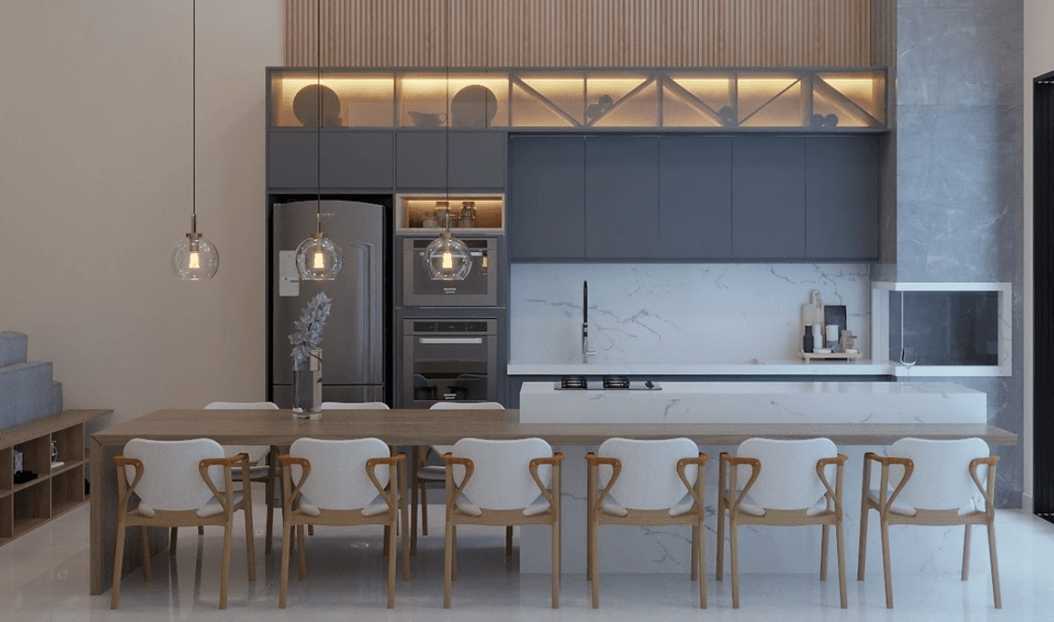 Espaço gourmet residencial com área de convivência, bancada funcional e acabamento sofisticado