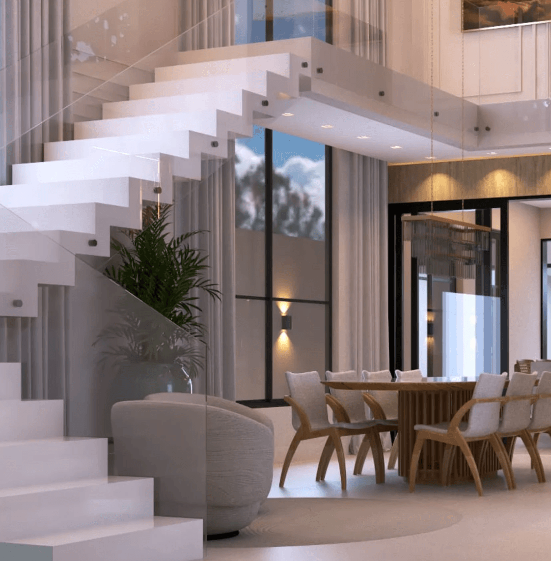 Interior contemporâneo com iluminação suave e estética acolhedora