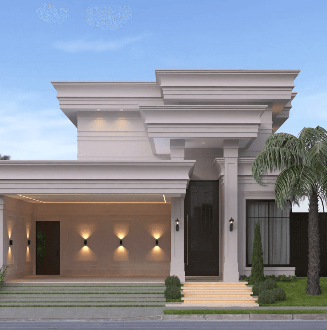 Fachada residencial neoclássica com composição simétrica, detalhes elegantes e presença sofisticada